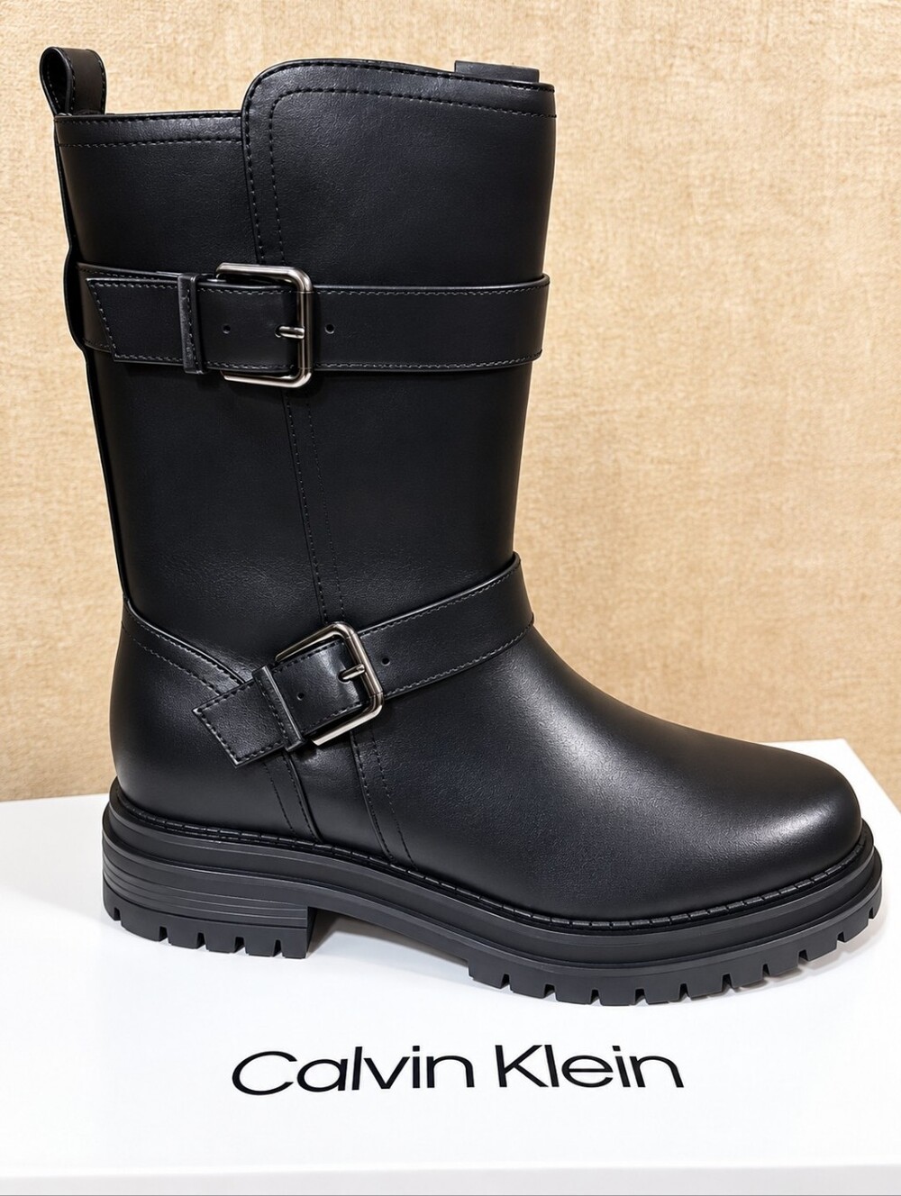 Calvin Klein Galivan Women’s Black Moto Buckle Lug Sole Boots Size 8.5M